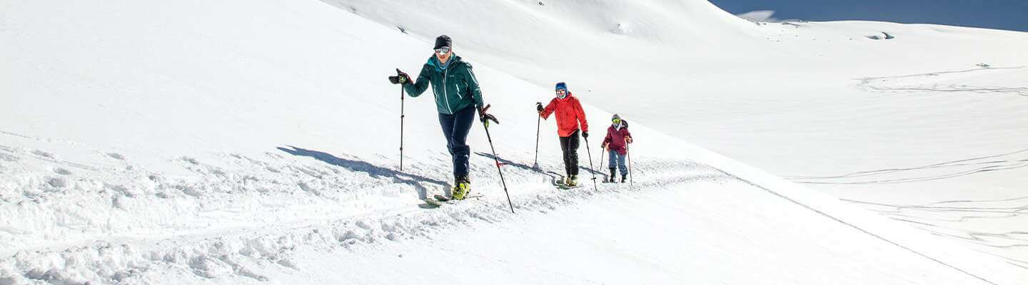 Group of backcountry skiers using climbing skins.